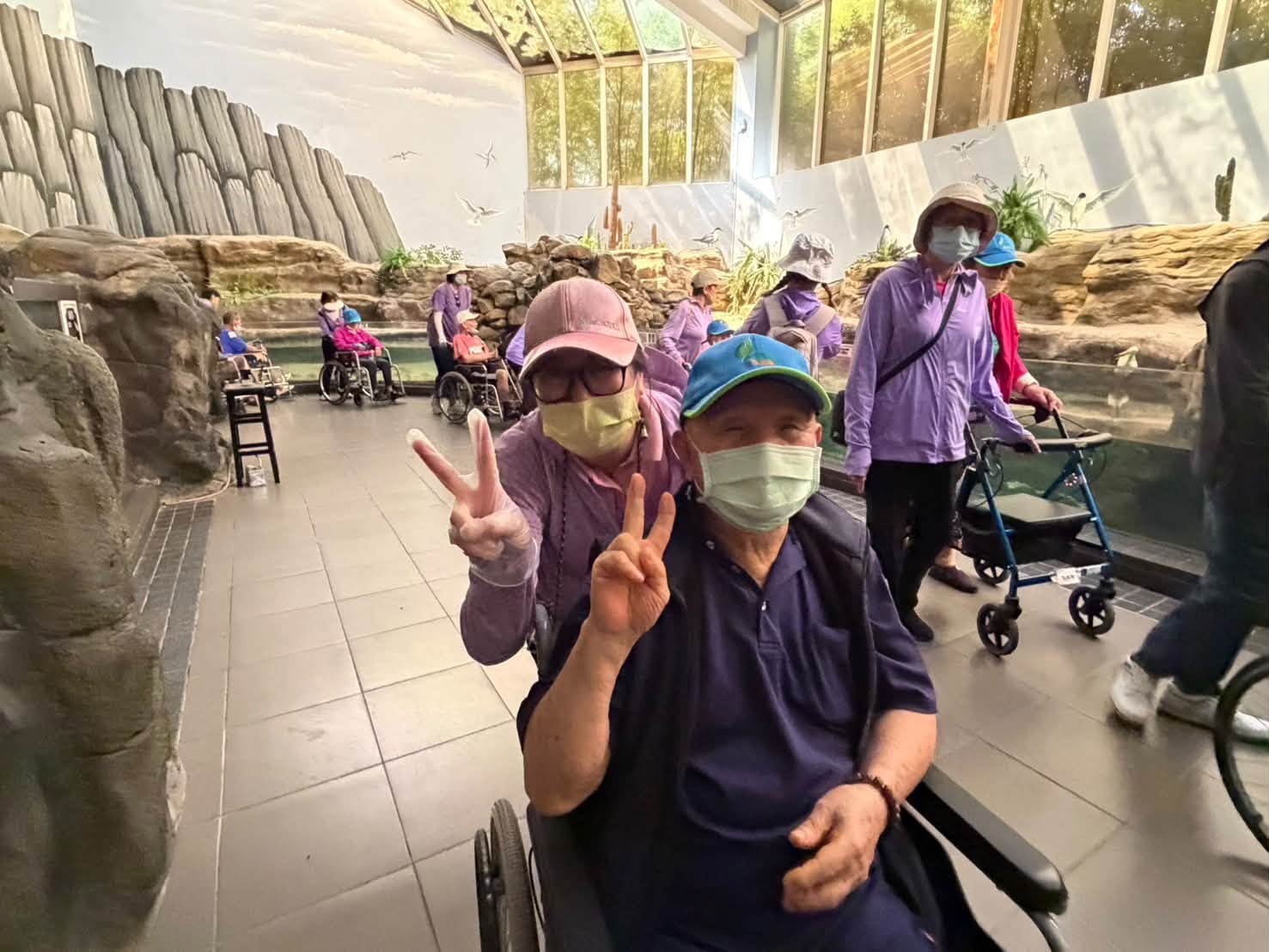 長輩走過海底隧道欣賞悠游的魚群